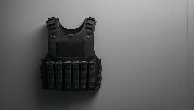 Military style black tactical vest with magazine pouches