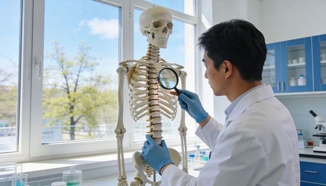 Medical researcher examining skeleton model with magnifying glass in modern laboratory