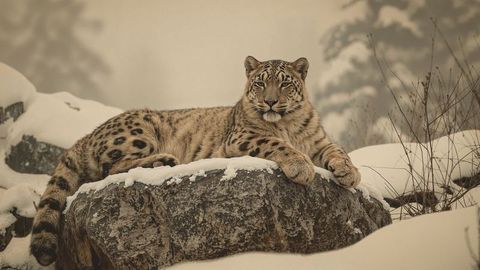 Snow leopard resting on snowy rock in winter mountain landscape