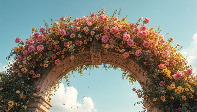 Sunlit rose and daisy garden arch blooming over clear blue sky with falling petals