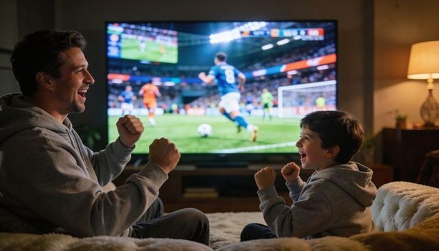 Father and son cheering together watching live soccer match on large tv in cozy living room