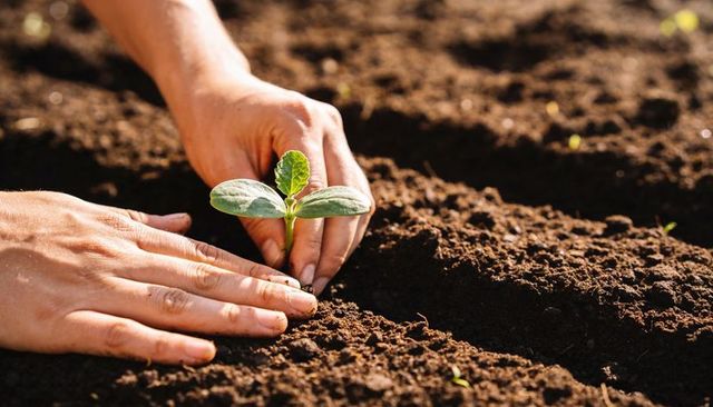Hands planting young seedling in rich soil for home gardening and sustainable growth