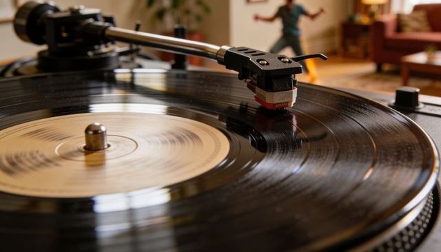 Turntable playing vintage vinyl record with stylus tracking grooves in cozy living room