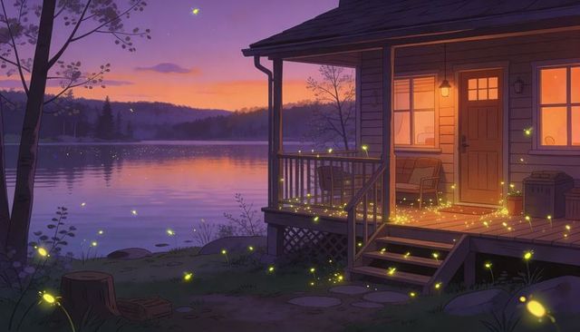 Lakeside cabin porch at twilight with glowing fireflies warm lantern glow and reflection
