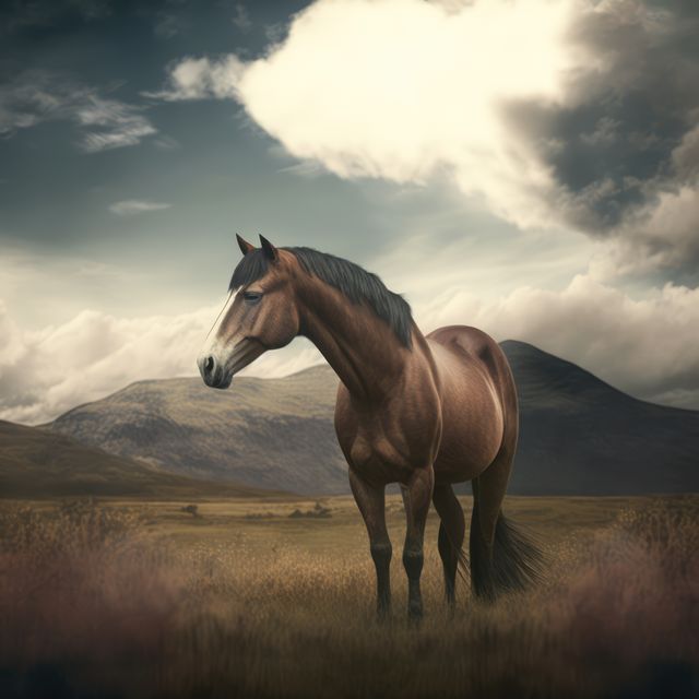 Brown horse standing in field, created using generative ai technology. Nature, horse, animal and wildlife concept digitally generated image.