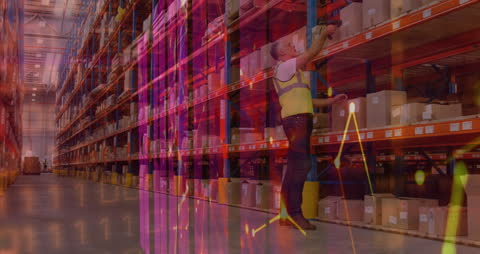 Warehouse Worker with High-Tech Graphs Overlay in Vibrant Environment