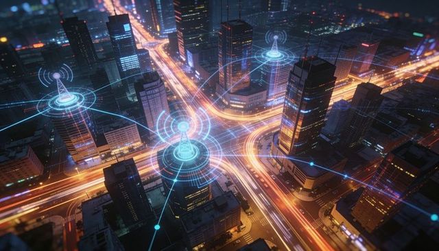 Smart city network at night with connected holographic nodes over busy highway junction