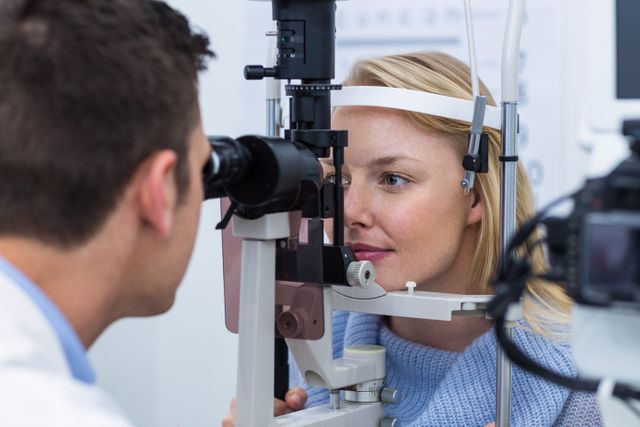 This image depicts an optometrist conducting an eye examination on a female patient using a slit lamp in an ophthalmology clinic. It is ideal for use in healthcare, medical, and eye care-related content, including articles, brochures, websites, and educational materials about vision health and eye examinations.