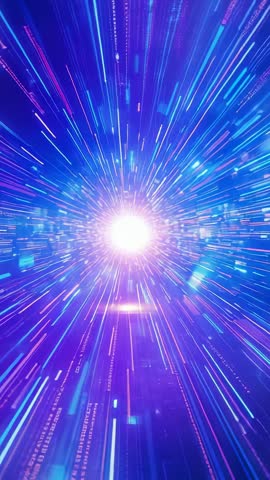 Launching neon data portal with bright core and accelerating digital streaks — vertical video