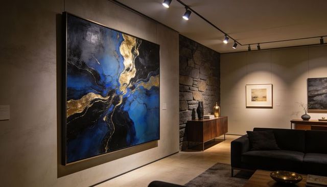 Contemporary gallery lounge featuring large blue and gold abstract square painting under spotlights