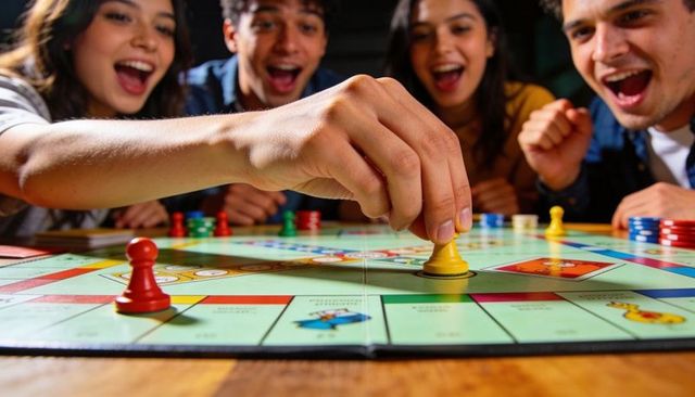 Close-up Hand Moving Yellow Pawn While Friends Cheer During Cozy Colorful Board Game Night