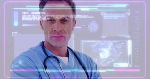 Doctor in scrubs presenting futuristic hud interface while locking gaze with camera