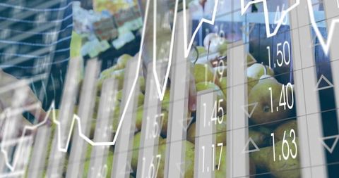 Displaying fresh produce with financial charts showing fruit pricing trends and data