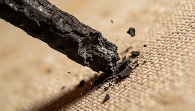 Charred wood splinter shedding black flakes, ash on coarse burlap fabric macro texture