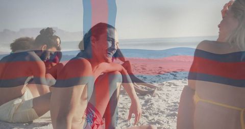 Friends Enjoying Beach Scene with Flag Overlay