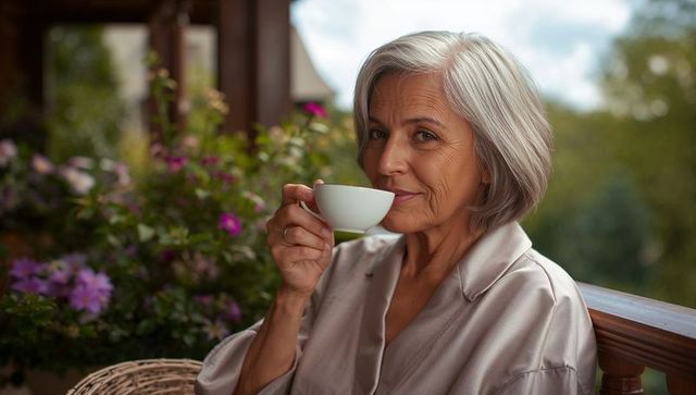 Sipping tea on balcony mature woman enjoying peaceful serene morning among blooming flowers