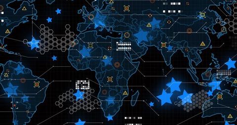 Abstract Digital World Map with Blue Star Tech Icons on Black - Download Free Stock Images Pikwizard.com