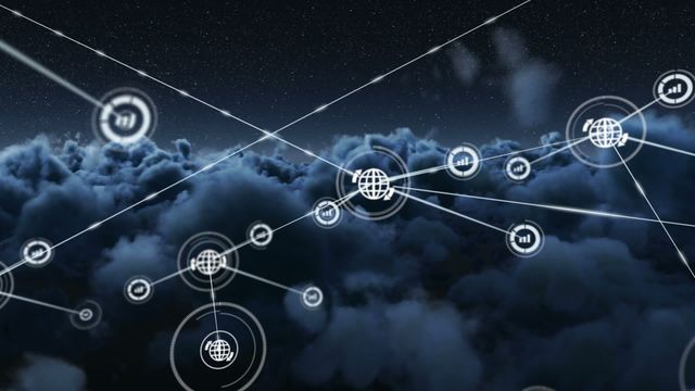 Abstract visual representation showing global network connections with digital interface icons glowing amidst a night sky filled with clouds. Useful for illustrating concepts related to cloud computing, global connectivity, modern technology, internet data transmission, virtual interaction, and futuristic sci-fi themes.