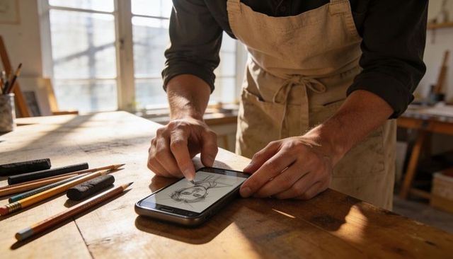 Artist sketching portrait on smartphone touchscreen at wooden workbench in sunlit studio