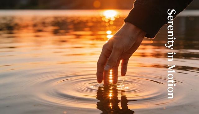 Hand touching sunset ripples on lake creating calm reflection and golden glow