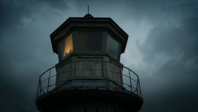 Moody Lighthouse Lantern Room Against Dark Stormy Sky