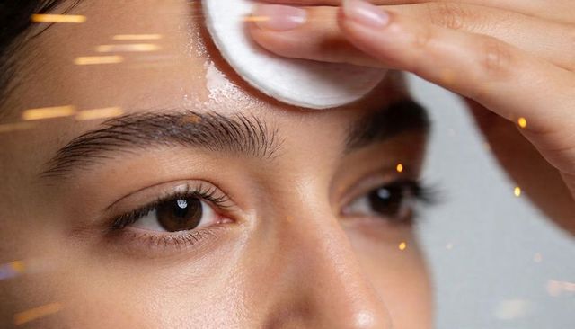 Applying toner with cotton pad closeup, glowing forehead skin and natural eyebrow detail