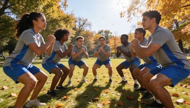 Youth athletic team performing synchronized squats in autumn park for outdoor fitness