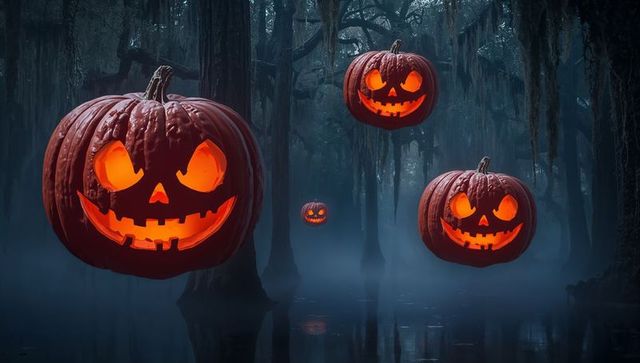 Eerie Floating Pumpkins in Misty Swamp Setting Halloween Mood