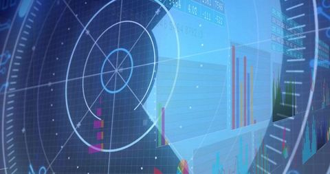 Futuristic Real-Time Data Visualization with Radar Reticle and Layered Analytics Charts