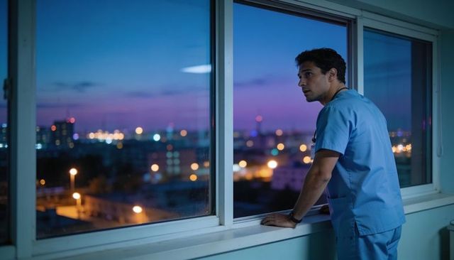 Night-shift doctor leaning at hospital window, contemplating urban skyline at twilight