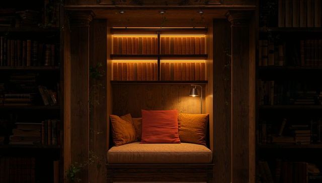 Glowing wood-paneled reading nook with cushions and warm shelf lighting in rustic library