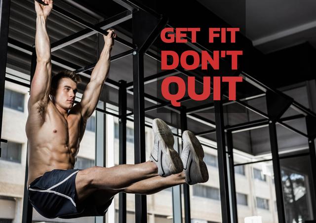 Man intensely performing pull ups on horizontal bars in gym setting with motivational message 'Get Fit, Don't Quit' in bold red text. Ideal visual for promoting fitness programs, workout regimes, gym advertisements, and health-related motivational content.