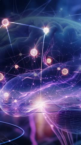 Vertical video pulsing node sending light waves across abstract neural network for data flow