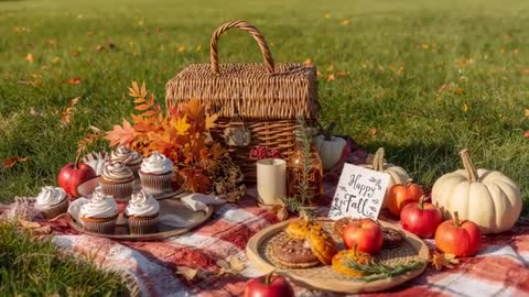 Autumn Picnic Setup with Wicker Basket, Treats and Decor