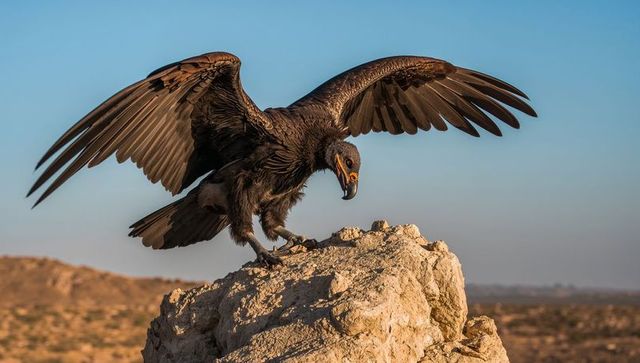 Large dark vulture perching on sunlit rock, spreading wings across arid desert expanse