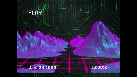 Retro Futuristic Wireframe Landscape with Circuit Elements
