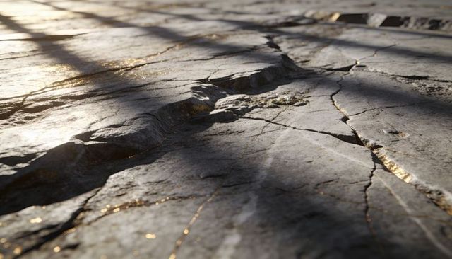 Worn bedrock with golden mineral veins and moss-filled cracks macro surface texture