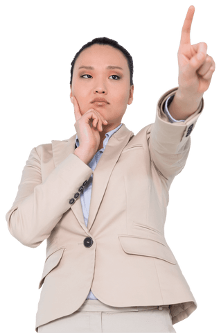 Asian Businesswoman Pointing Thoughtfully on Transparent Background