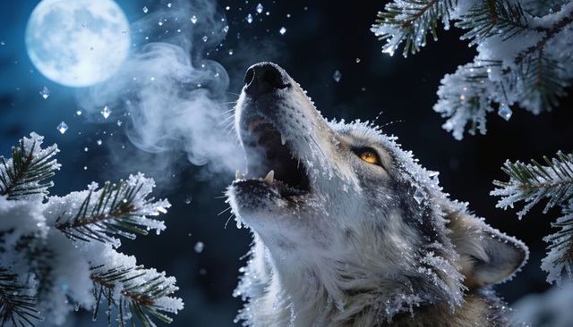 Frost-covered wolf howling under full moon in snowy pine forest night