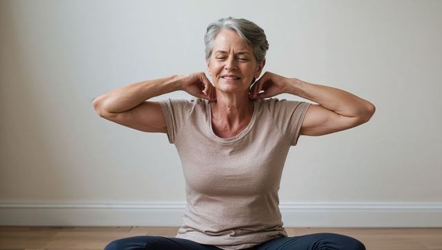 Senior woman stretching and massaging neck while sitting cross-legged on wood floor