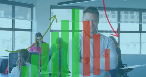 Confident Businessman with Overlaid Financial Graphs in Modern Office