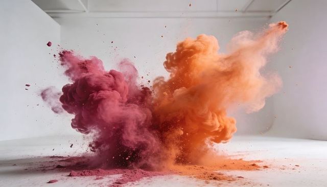 Bursting Magenta and Orange Pigment Clouds Billowing Across White Studio Floor