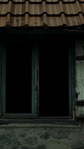 Vertical video revealing abandoned vintage window with twin dark openings under terracotta roof