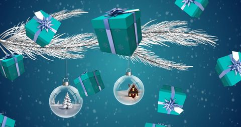 Floating Gifts and Ornaments with Silver Christmas Tree Branch - Download Free Stock Images Pikwizard.com