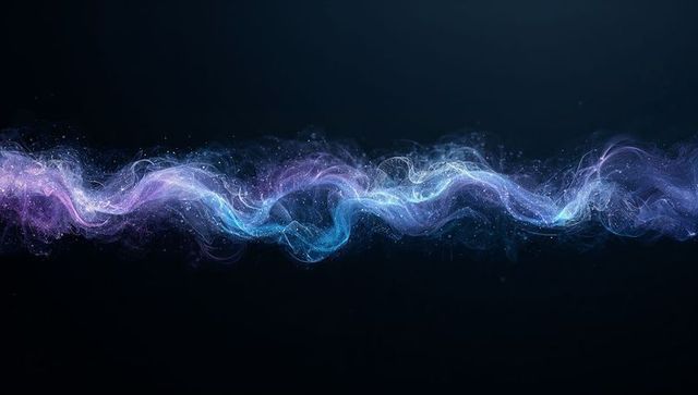 Ethereal neon energy ribbon flowing horizontal abstract wave with particles and glow
