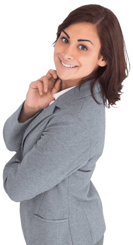 Smiling Hispanic Businesswoman in Gray Suit on Transparent Background