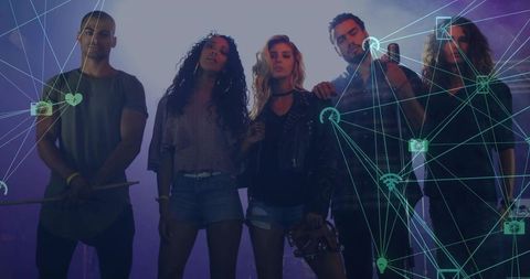 Musicians performing on stage with digital network overlay