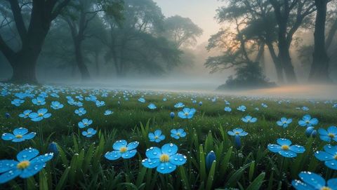 Dew-kissed blue forget me not flowers in misty forest meadow at sunrise