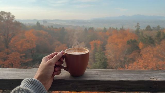 Hand holding warm coffee mug over autumn valley morning, cozy fall deck moment