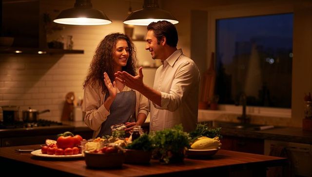 Evening couple cooking together on wooden island, cozy kitchen lighting, fresh produce